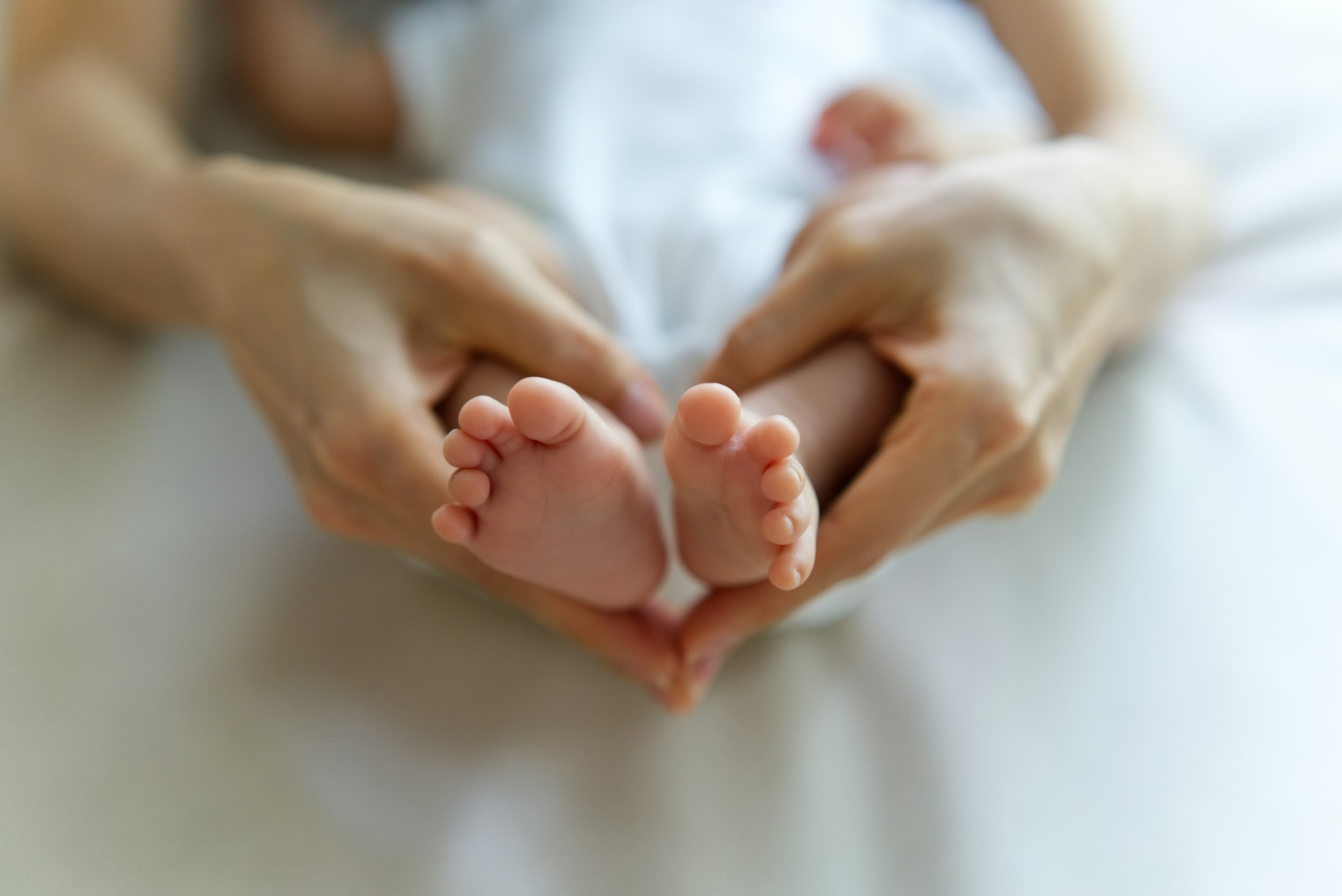 Tiny Newborn Baby's feet on female heart Shaped hands seen in top view.